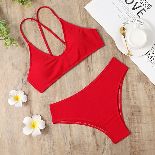 

Women's Swimwear Bikini 2 Piece Normal Swimsuit 2 Piece Open Back Hole Pure Color Black Army Green Red Beige Padded Strap Bathing Suits New Stylish Vacation / Sexy / Modern / Padded Bras