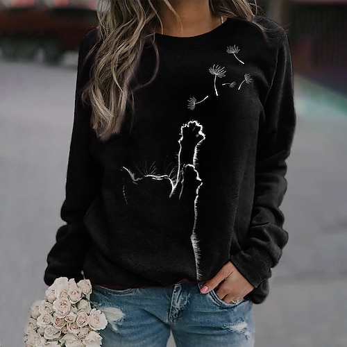 

Women's Sweatshirt Pullover Active Streetwear Print Black Cat Dandelion Daily Round Neck Long Sleeve S M L XL XXL 3XL