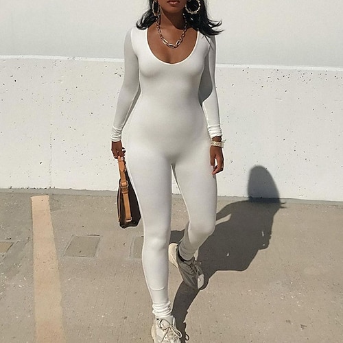 

Women's Catsuit Solid Color Crew Neck Active Home Street Regular Fit Long Sleeve White Black Gray S M L Fall