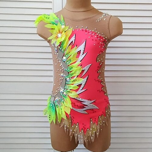 

Rhythmic Gymnastics Leotards Artistic Gymnastics Leotards Women's Girls' Leotard Mesh Spandex High Elasticity Handmade Sleeveless Competition Dance Rhythmic Gymnastics Artistic Gymnastics Pink