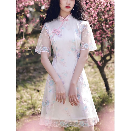 

A-Line Cocktail Dresses Chinese Style Dress Graduation Short / Mini Short Sleeve High Neck Lace with Buttons Embroidery 2022