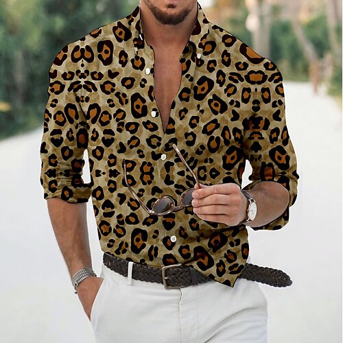 

Men's Shirt 3D Print Leopard Turndown Daily Holiday 3D Print Button-Down Long Sleeve Tops Casual Fashion Vintage Breathable Brown