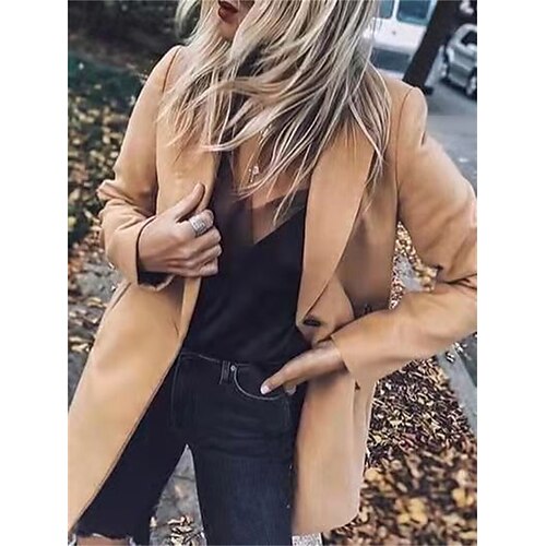 

Women's Blazer Street Daily Going out Fall Winter Long Coat Regular Fit Warm Breathable Streetwear Casual Jacket Long Sleeve Solid Color Pocket Full Zip Khaki