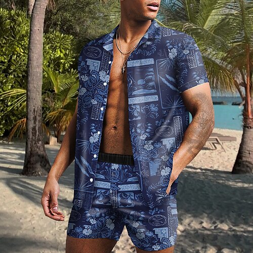 

Men's Shirt Set Summer Hawaiian Shirt Floral Graphic Prints Turndown Navy Blue 3D Print Outdoor Casual Short Sleeve 3D Print Button-Down Clothing Apparel Fashion Casual Hawaiian Comfortable / Spring