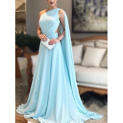 

A-Line Maxi Empire Wedding Guest Formal Evening Dress One Shoulder Backless Sleeveless Court Train Chiffon with Ruched Pure Color 2022
