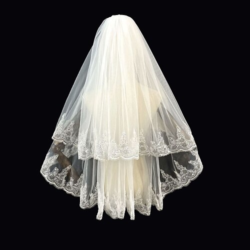 

Two-tier Classic / Sweet Wedding Veil Elbow Veils with Appliques / Paillette 35.43 in (90cm) Lace