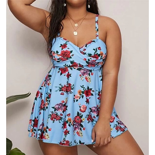 

Women's Swimwear Tankini 2 Piece Plus Size Swimsuit Backless Modest Swimwear Printing for Big Busts Floral Blue Padded Strap Bathing Suits New Casual Vacation / Modern / Padded Bras