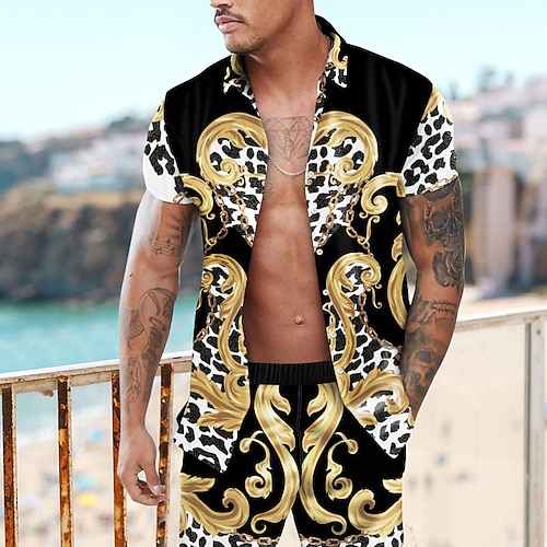 

Men's Shirt Set Summer Hawaiian Shirt Graphic Shirt Leopard Graphic Prints Turndown Gold 3D Print Outdoor Casual Short Sleeve 3D Print Button-Down Clothing Apparel Fashion Designer Casual Hawaiian