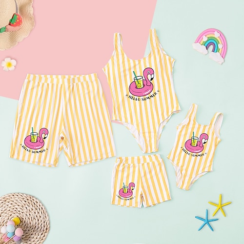 

Family Look Swimsuit Striped Flamingo Letter Daily Print Yellow Sleeveless Vacation Matching Outfits / Summer