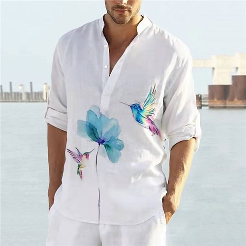 Flower shirt 2023 new summer men's long-sleeved shirt printed