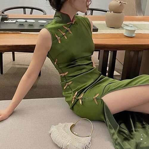 

Women's Cheongsam Dress Midi Dress Green Sleeveless Solid Color Split Spring Summer Mandarin Collar Elegant Traditional Chinoiserie 2022 S M L