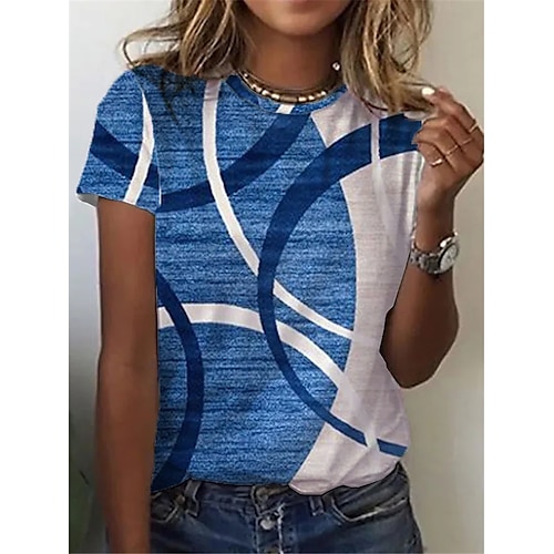

Women's T shirt Tee Blue Striped Short Sleeve Casual Daily Basic Round Neck Regular S