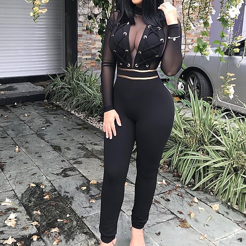 

Women's Jumpsuit Mesh Solid Color Stand Collar Active Party Club Regular Fit Long Sleeve Black S M L Spring
