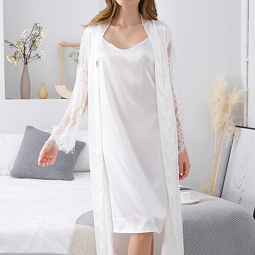 

Women's Pajamas Robes Gown Nightgown Bathrobes 2 Pieces Pure Color Fashion Simple Comfort Home Bed Spa Satin Breathable Gift V Wire Long Sleeve Backless Fall Spring White / Silk / Pjs / Sweet / Lace