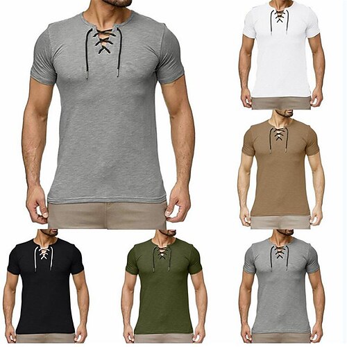 

Men's T shirt Tee Solid Color V Neck Army Green Coffee Gray Casual Holiday Short Sleeve Lace up Clothing Apparel Cotton Sports Fashion Lightweight Big and Tall / Summer / Summer