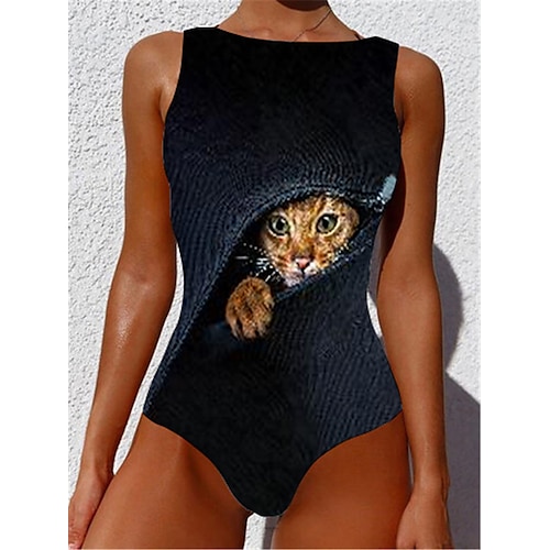 

Women's Swimwear One Piece Monokini Bathing Suits Plus Size Swimsuit Tummy Control Slim Printing for Big Busts Cat Animal Green Black Blue Purple Yellow Scoop Neck Bathing Suits New Vacation Fashion