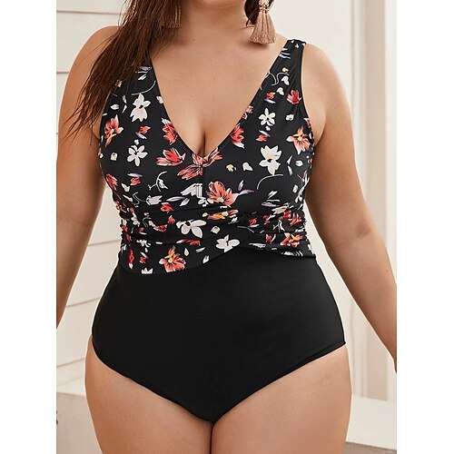 

Women's Swimwear One Piece Monokini Bathing Suits Plus Size Swimsuit Tummy Control Open Back Printing for Big Busts Floral Butterfly Black Padded V Wire Bathing Suits New Stylish Casual / Vacation