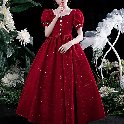 

Ball Gown Floor Length Square Neck Velvet Junior Bridesmaid Dresses&Gowns With Buttons Wedding Party Dresses 4-16 Year