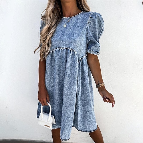 

Women's Denim Dress Mini Dress Blue Short Sleeve Ruched Spring Summer Crew Neck Weekend 2022 S M L XL XXL