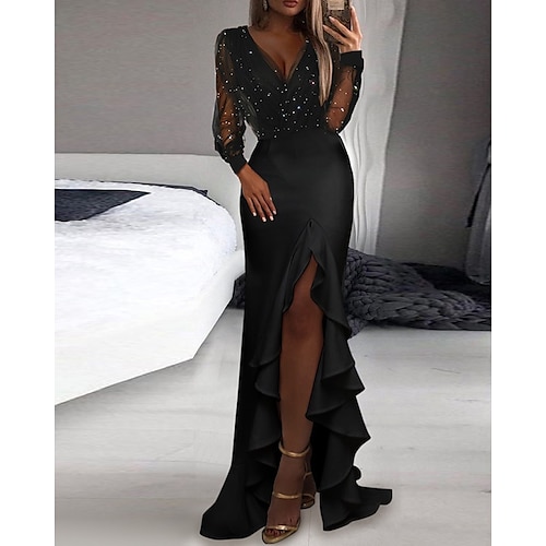 

Women's Prom Party Dress Swing Dress Long Dress Maxi Dress Black Long Sleeve Pure Color Split Winter Fall Spring V Neck Hot Winter Dress Date Vacation Slim 2023 S M L XL