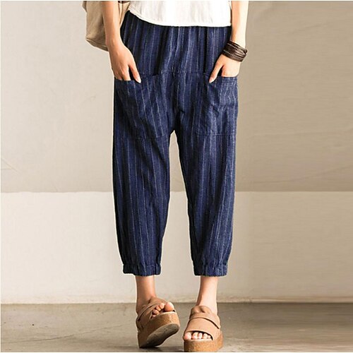 

Women's Chinos Slacks Pants Trousers Cotton Gray Mid Waist Basic Streetwear Casual Weekend Pocket Full Length Comfort Stripe S M L XL XXL / Loose Fit
