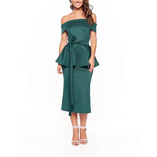 

Sheath / Column Cocktail Dresses Minimalist Dress Homecoming Tea Length Short Sleeve Off Shoulder Satin with Sash / Ribbon Pure Color 2022 / Cocktail Party