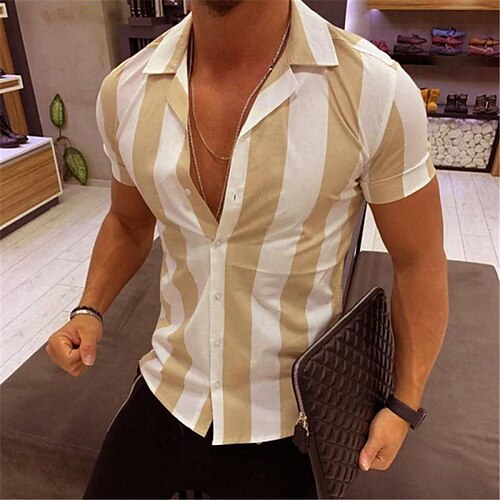 

Men's Shirt Striped Turndown Street Casual Button-Down Print Short Sleeve Tops Casual Fashion Comfortable Black Khaki Red Summer Shirts