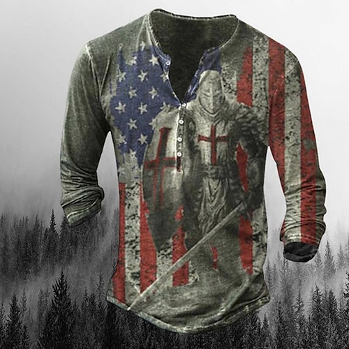 

Men's T shirt Tee Henley Shirt Tee Graphic Flag Henley Yellow Khaki Red Gray Black 3D Print Knight Street Casual Long Sleeve Button-Down Print Clothing Apparel Basic Casual Classic Big and Tall