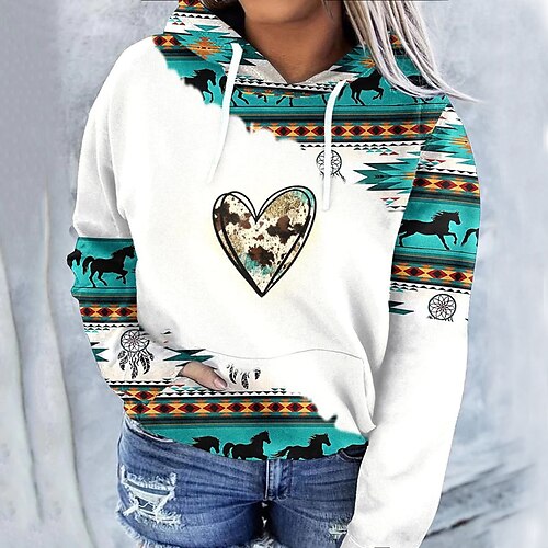 

Women's Plus Size Tops Hoodie Sweatshirt Geometry Print Long Sleeve V Neck Vintage Streetwear Valentine's Day Daily Valentine's Day Polyester Fall Winter Green White