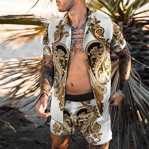 

Men's Shirt Set Summer Hawaiian Shirt Floral Turndown Brown 3D Print Outdoor Casual Short Sleeve 3D Print Button-Down Clothing Apparel Fashion Casual Hawaiian Comfortable / Spring