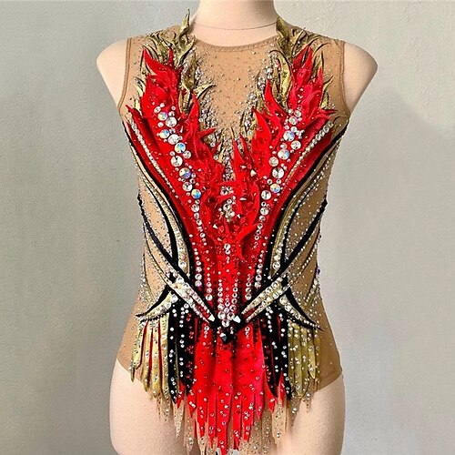 

Rhythmic Gymnastics Leotards Artistic Gymnastics Leotards Women's Girls' Leotard Mesh Spandex High Elasticity Handmade Sleeveless Competition Dance Rhythmic Gymnastics Artistic Gymnastics Red