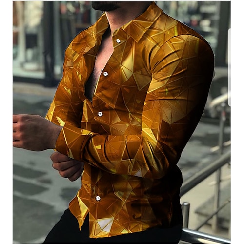 

Men's Shirt Graphic Shirt Geometric Turndown Yellow 3D Print Daily Holiday Long Sleeve 3D Print Button-Down Clothing Apparel Fashion Designer Casual Breathable