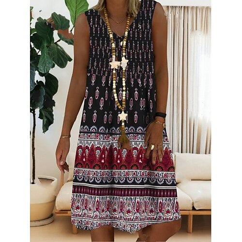 

Women's Shift Dress Midi Dress Black Red Sleeveless Geometric Print Spring Summer V Neck Classic 2022 S M L XL XXL 3XL 4XL 5XL