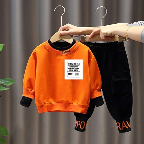 

2 Stück kinderkleidung Jungen Sweatshirt Hose Kleidungsset Outfit Buchstabe Langarm Bedruckt Baumwolle Set Outdoor Täglich Casual Herbst Frühling 3-10 Jahre Schwarz Blau Orange