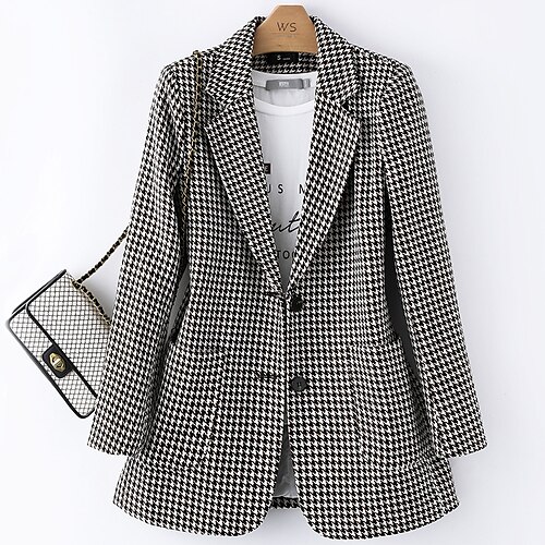 

Women's Blazer Outdoor Street Daily Spring Summer Regular Coat Regular Fit Windproof Warm Streetwear Casual Jacket Long Sleeve Houndstooth Plaid / Check Pocket Print WhiteBlack Coffee