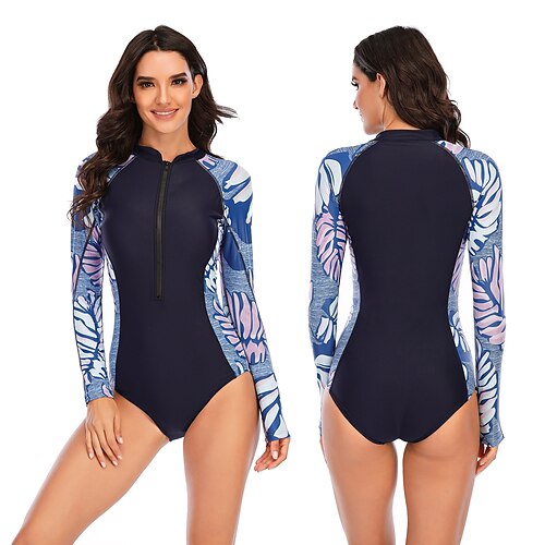 

Women's One Piece Swimsuit Rash Guard Elastane Bodysuit Bathing Suit UV Sun Protection UPF50 Breathable Stretchy Long Sleeve Front Zip - Swimming Surfing Beach Water Sports Floral Autumn / Fall