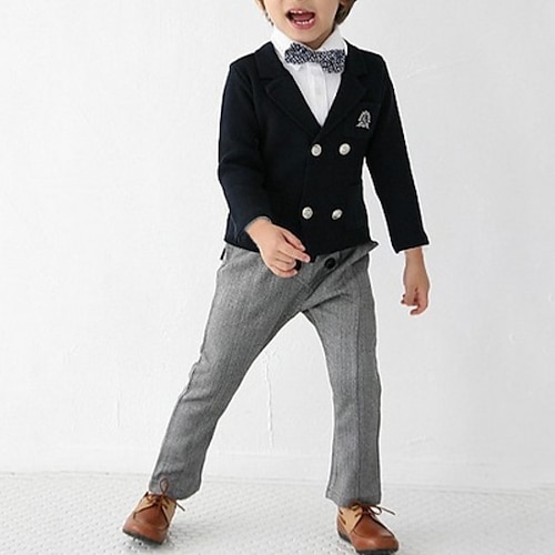 

3 Pieces Kids Boys Suit & Blazer Clothing Set Outfit Solid Color Long Sleeve Bow Cotton Set Party Gentle Fall Spring 2-8 Years Dusty Blue