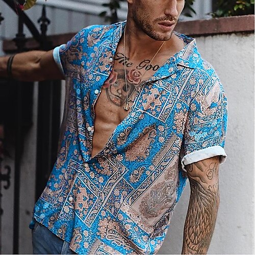 

camisa masculina manga curta estampa floral abotoada tops turndown blue