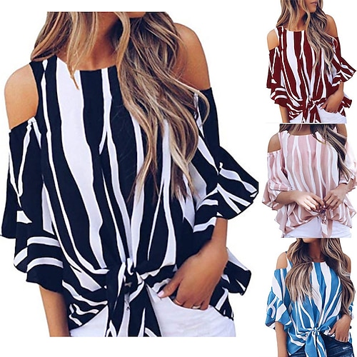 

Womens Summer Floral Printed Off The Shoulder Tops 3 4 Flare Sleeve Tie Knot T-Shirt Blouses