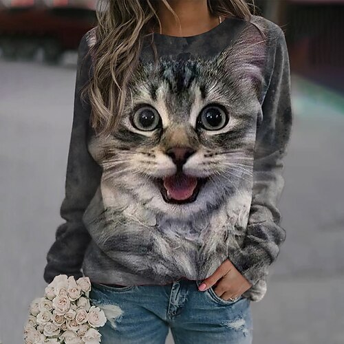 

Women's Sweatshirt Pullover Active Streetwear Print Gray Cat 3D Daily Round Neck Long Sleeve S M L XL XXL 3XL