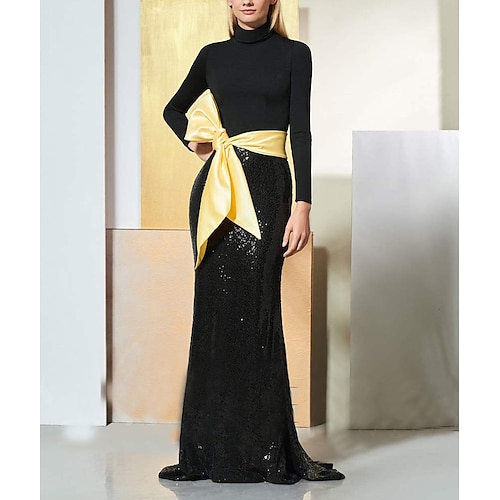 

Sheath / Column Evening Dresses Sparkle Dress Wedding Guest Sweep / Brush Train Long Sleeve High Neck Sequined with Sash / Ribbon Sequin 2022 / Formal Evening / Sparkle & Shine