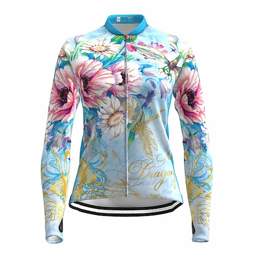 

21Grams Women's Cycling Jersey Long Sleeve Bike Jersey Top with 3 Rear Pockets Mountain Bike MTB Road Bike Cycling Breathable Quick Dry Moisture Wicking Reflective Strips Blue Floral Botanical