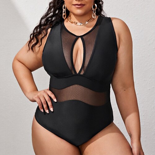 

Women's Swimwear One Piece Monokini Bathing Suits Plus Size Swimsuit Open Back Mesh for Big Busts Pure Color Black Scoop Neck Bathing Suits New Vacation Fashion / Sexy / Modern / Padded Bras