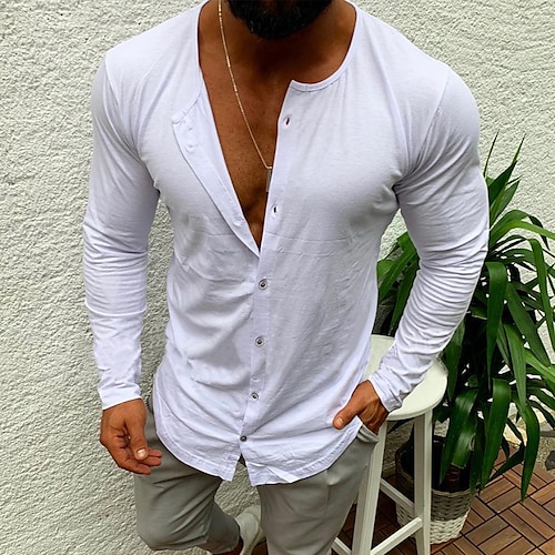 

Men's T shirt Tee Shirt Solid Color Collar Wine Khaki White Black Casual Daily Long Sleeve Button-Down Clothing Apparel Fashion Lightweight Muscle Big and Tall
