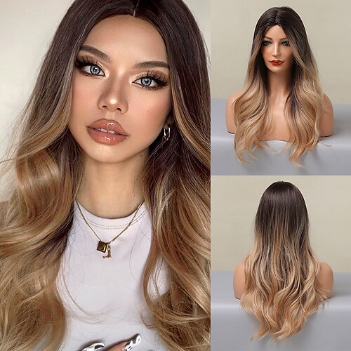 

Synthetic Wig Natural Wave Middle Part Wig 26 inch Ombre Brown Synthetic Hair Women's Natural Fashion Brown