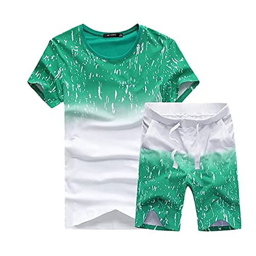 

Summer Set Men Casual Beach Suits Short Sleeve 2PCS Sweatsuit Fashion Tracksuit Men Sportsuits T-Shirt Shorts 5910 Green XS