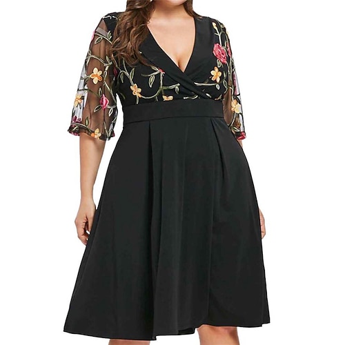 

Women's Plus Size Party Dress Floral V Neck Half Sleeve Spring Fall Vintage Work Casual Prom Dress Knee Length Dress Causal Daily Dress / Homecoming Dress