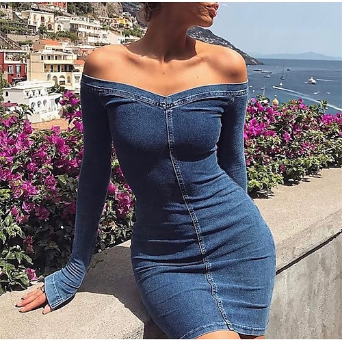 

Women's Bodycon Sheath Dress Denim Dress Blue Long Sleeve Pure Color Zipper Winter Fall Autumn V Neck Winter Dress Weekend Fall Dress 2022 S M L XL XXL