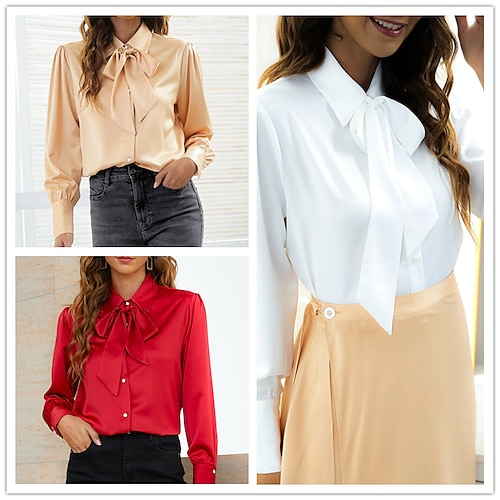 

Women's Blouse White Red Light Brown Plain Sparkly Lace up Long Sleeve Work Daily Streetwear Shirt Collar Regular Silk Like Satin S