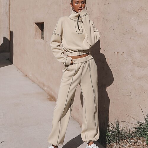 

Women's Crop Top Hoodie Tracksuit Active Basic Beige Gray Sports Outdoor Casual Plain Zipper Stand Collar S M L XL